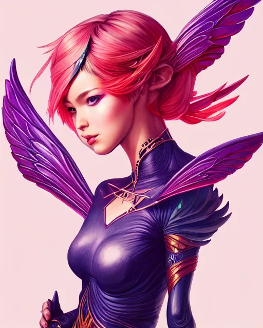 Image similar to 3 / 4 view of girlwith wings, confident pose, pixie character, video game genshin impact, intricate, elegant, sharp focus, illustration, bright colors, concept art, matte, magali villeneuve, artgerm, anime, trending on artstation