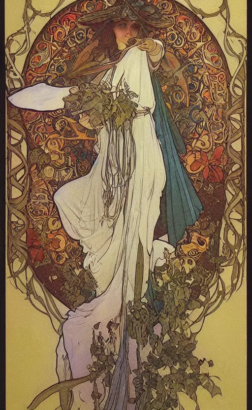 Image similar to the fool tarot, beautiful border, by alfons maria mucha, highly detailded