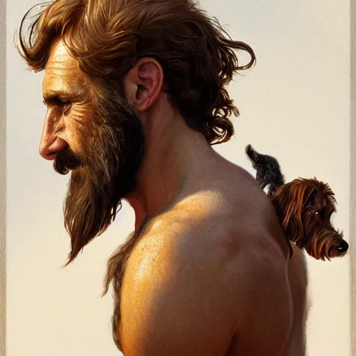 Image similar to portrait of a rugged greek god with the head of a wirehaired dachshung, salt and pepper hair, soft hair, d & d, muscular, fantasy, intricate, elegant, highly detailed, digital painting, artstation, concept art, smooth, sharp focus, illustration, art by artgerm and greg rutkowski and alphonse mucha