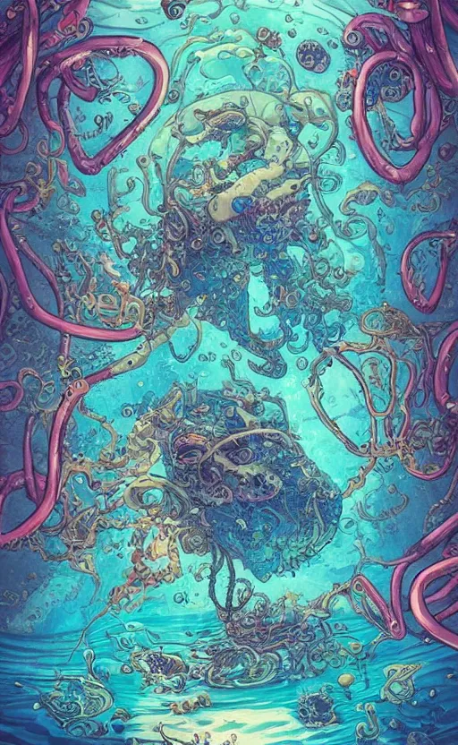 Prompt: a picture of mysterious colourful underwater creature, being discovered by a man in a steampunk diving suit. water is deep aquamarine coloured. poster art by james jean, concept art, behance contest winner, very detailed, award - winning. lovecraftian, cosmic horror, bioluminescence.