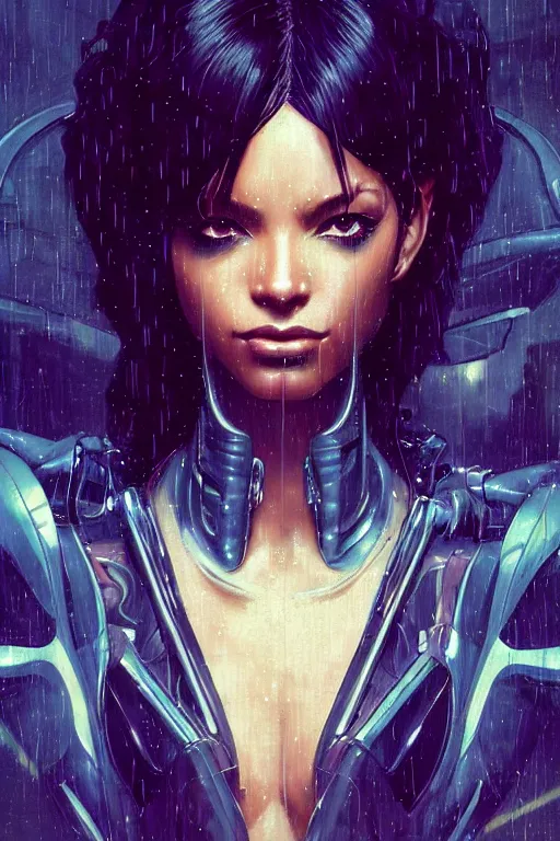 Image similar to cyberpunk Normani as aeon flux profile picture by Greg Rutkowski, dynamic pose, intricate, futuristic, fantasy, elegant, by Stanley Artgerm Lau, greg rutkowski, thomas kindkade, alphonse mucha, loish, norman Rockwell, metal chrome, shiny, rainy background, asymmetric, afro hair,