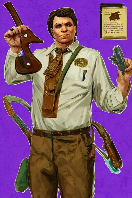 Image similar to saint homo neanderthalis, with book of science, on his right hand, and riffle, on his left hand, violet polsangi pop art, gta chinatown wars art style, bioshock infinite art style, incrinate, realistic anatomy, paper frame, hyperrealistic, two colors, white frame, 4 k, uhd, remove duplicate content