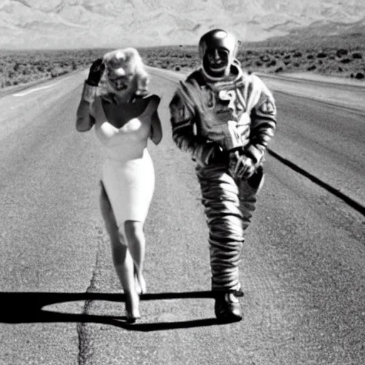 Prompt: marilyn monroe and astronaut walking across highway in arizona