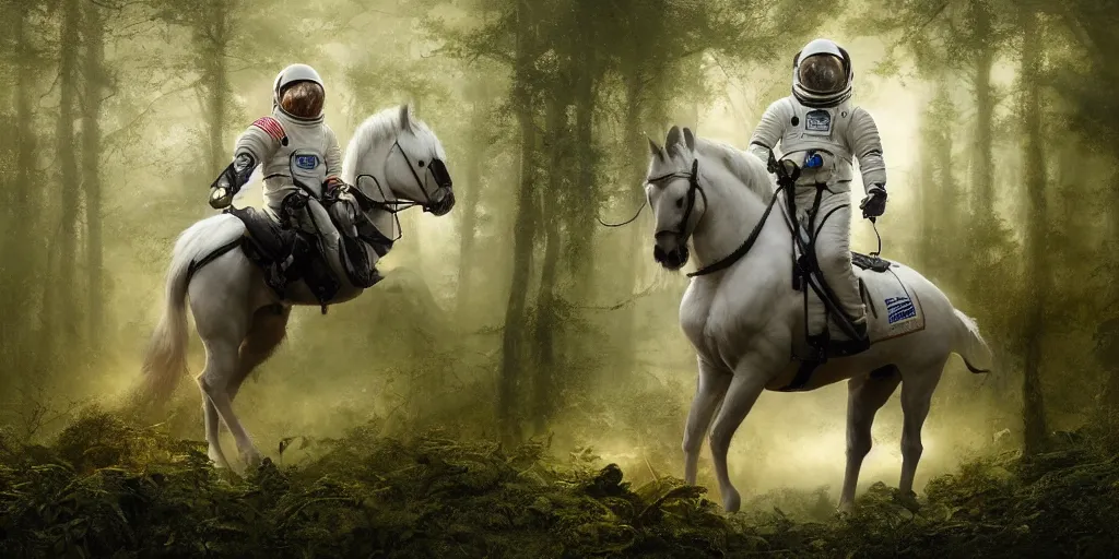 Image similar to an astronaut riding on the back of a white horse through a forest, a detailed matte painting by frieke janssens, featured on cgsociety, fantasy art, matte painting, reimagined by industrial light and magic, matte drawing