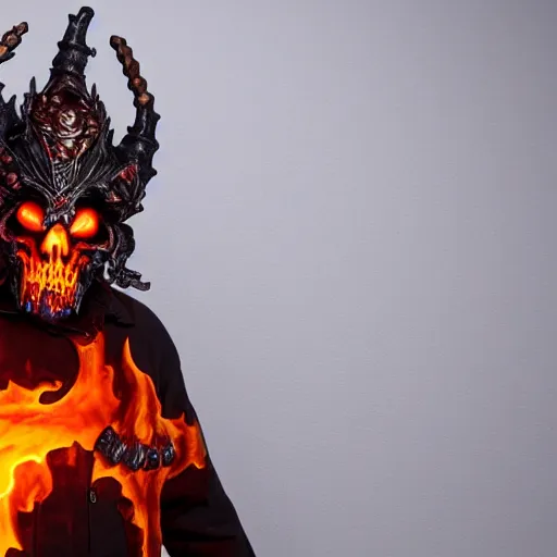 Prompt: ragnaros the firelord wielding burning skull as a mask, full body 8 k