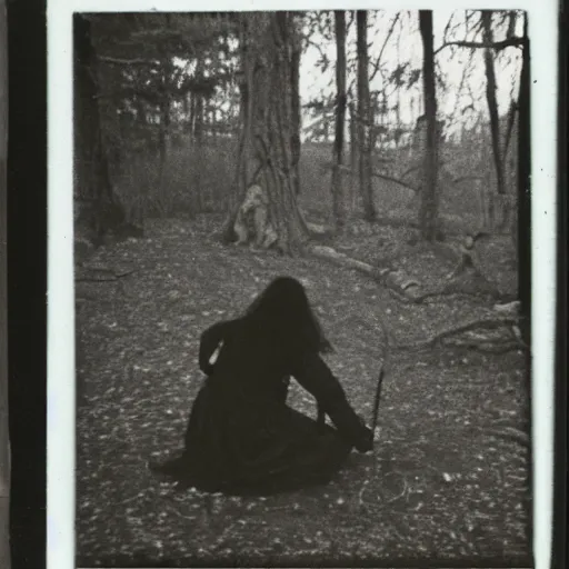 Prompt: A Polaroid from the 1980s of a witch in the woods doing something hunting