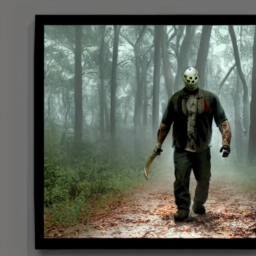 Image similar to A still image of Jason Voorhees in the woods foggy Digital art very detail 4K quality super realistic