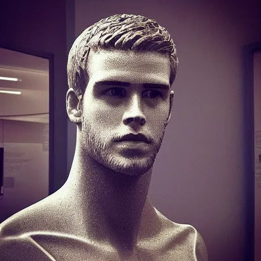 Image similar to “ a realistic detailed photo of a guy who is an attractive humanoid who is half robot and half humanoid, who is a male android, actor liam hemsworth, shiny skin, posing like a statue, blank stare, at the museum, on display ”