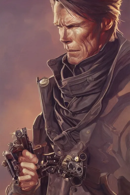 Image similar to young clint eastwood as full metal alchemist, steampunk cyborg, portrait, western, duster, fantasy, intricate, elegant, highly detailed, digital painting, artstation, concept art, sharp focus, illustration, art by artgerm and greg rutkowski and alphonse mucha