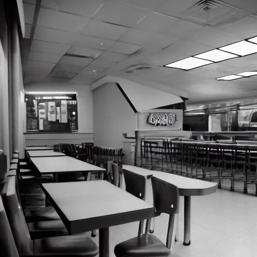 Prompt: a 3 5 mm pentax k 1 0 0 0 photograph of a liminal empty moody mcdonalds interior. empty tables. food garbage scattered about.