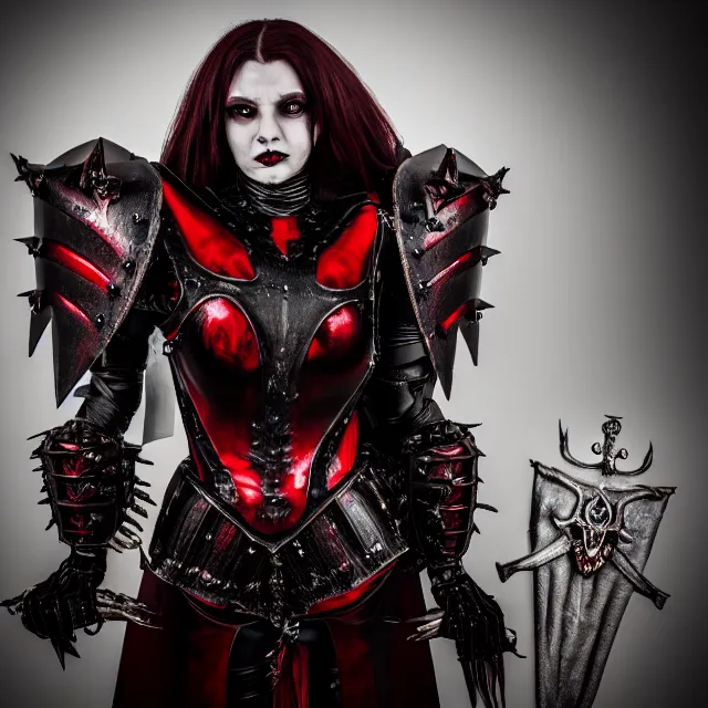 Image similar to full body photo of a vampire queen warrior wearing demonic armour, highly detailed, 4 k, hdr, smooth, sharp focus, high resolution, award - winning photo