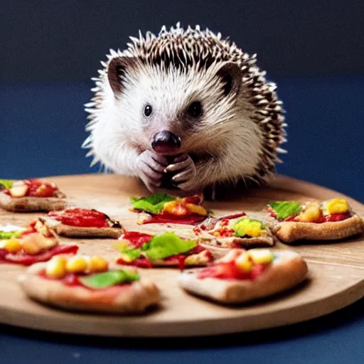 Image similar to still image of a cute hedgehog sitting at a tiny table eating a tiny pizza, photo