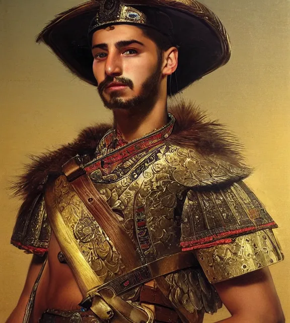 Prompt: portrait of a handsome young turkish warrior, art by denys tsiperko and bogdan rezunenko and franz xaver kosler, hyperrealism