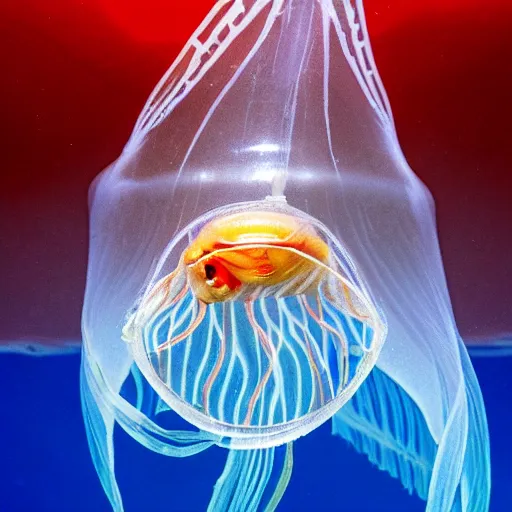 Image similar to a award winning photo of a fish trapped inside a jellyfish, by national geografic, photorealism