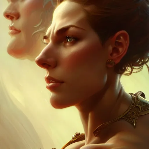 Image similar to muscular female with short hair, supermuscular upper body, D&D, fantasy, intricate, elegant, highly detailed, digital painting, artstation, concept art, smooth, sharp focus, illustration, art by artgerm and greg rutkowski and alphonse mucha