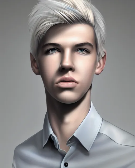 Prompt: portrait of 1 5 - year - old boy, a tall, slender boy with a pale, pointed face, sleek blond hair, and ice grey eyes, wearing in shirt, hyper realistic face, beautiful eyes, character art, art by mark brooks, hyperdetailed, cryengine, trending on artstation, digital art
