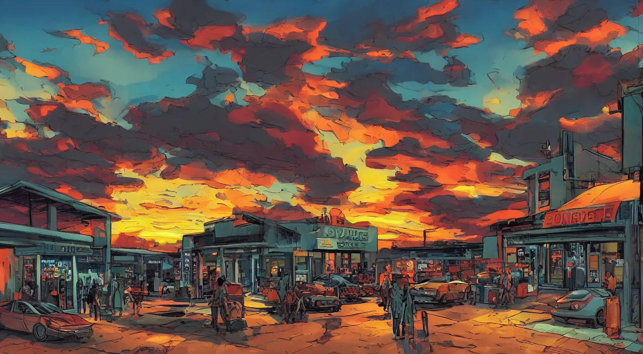 Image similar to convenience store roadside south west sunset sky beautiful artstation 4 k breathtaking graphic novel concept art illustration cartoon by jack kirby