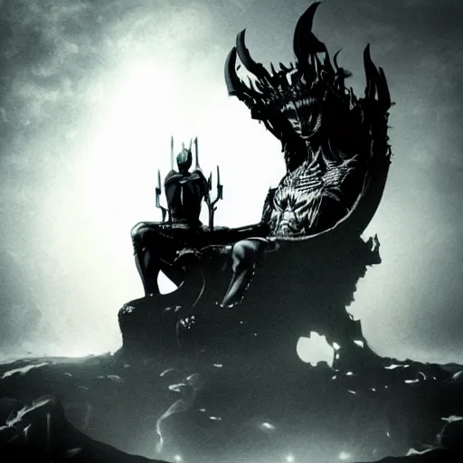 Prompt: god of darkness sitting on a throne in the abyss