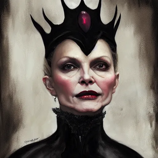 Prompt: portrait of Michelle Pfeiffer as vampire queen wearing a dark crown by Tom Bagshaw and Guy Denning