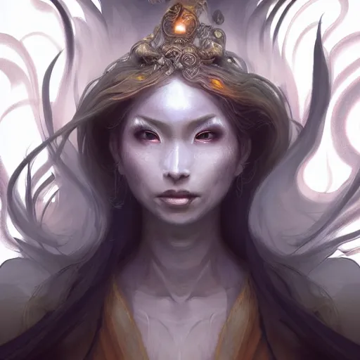 Image similar to female japanese fire elemental, ghostly form, transparent, d & d, highly detailed, digital painting, artstation, concept art, sharp focus, illustration, cinematic lighting, art by artgerm and greg rutkowski and alphonse mucha