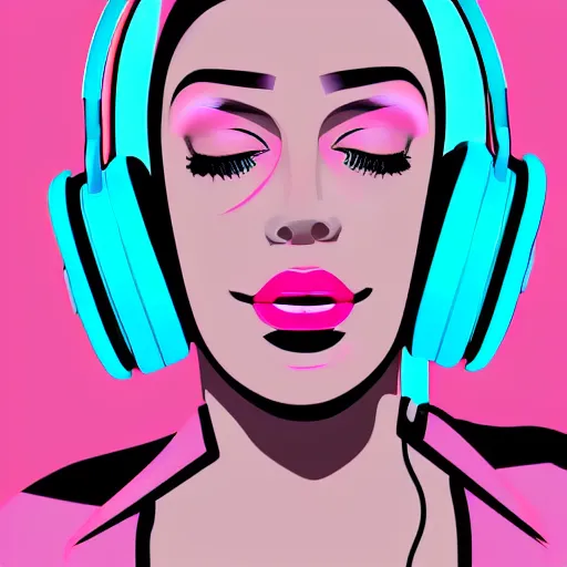 Image similar to a close up of a female face with headphones and retro colours, synthwave style, 2d digital vector art