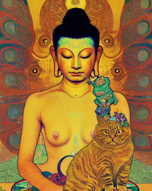 Image similar to buddha cat portrait an oil painting splashes with many colors and shapes by gustav klimt greg rutkowski and alphonse mucha, polycount, generative art, psychedelic, fractalism, glitch art