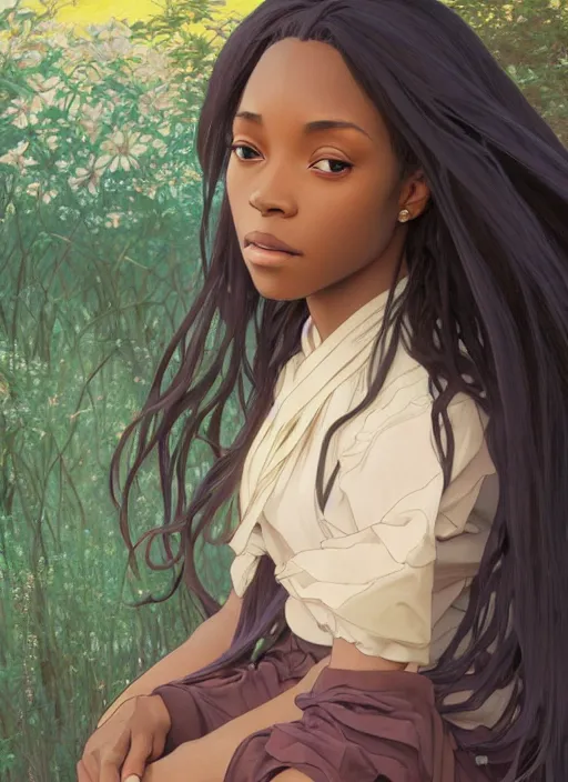 Image similar to pretty young black woman with shoulder length hair, path traced, highly detailed, high quality, digital painting, by studio ghibli and alphonse mucha, leesha hannigan, makoto shinkai, disney