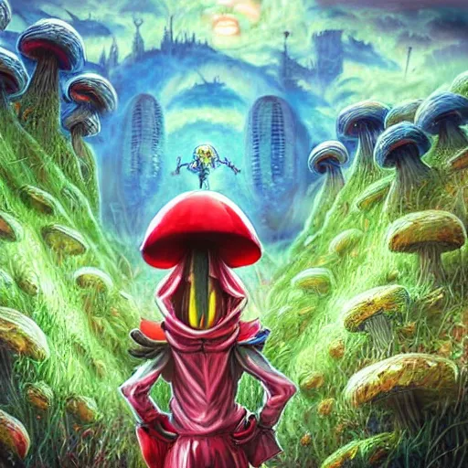 Image similar to anime 4 k headshot portrait of a psychedelic demonic anthropomorphic insect knight with mushroom themed clothes, magic mushroom village in background by jeff easley, award winning, stylized neon, post - processing, masterpiece, superb resolution. in the art style of junji ito and greg rutkowski. detailed mushroom city in background. hyper realistic anime. perfect art. dalle 2