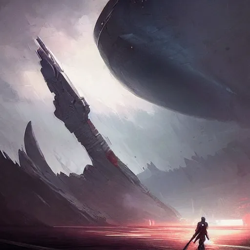 Image similar to concept art by greg rutkowski, a gigantic spear - shaped starship approaches the system, huge and megalithic, plowing through space, frightening and creepy atmosphere, scifi, digital painting, artstation, concept art, smooth, sharp foccus ilustration, artstation hq