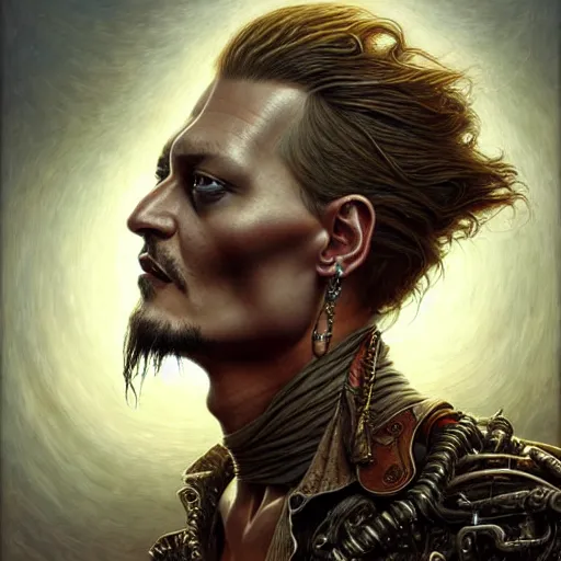 Image similar to johnny depp only torso and head, intricate, highly detailed, centered, digital painting, artstation, concept art, smooth, sharp focus, illustration, artgerm, tomasz alen kopera, peter mohrbacher, donato giancola, joseph christian leyendecker, wlop, boris vallejo