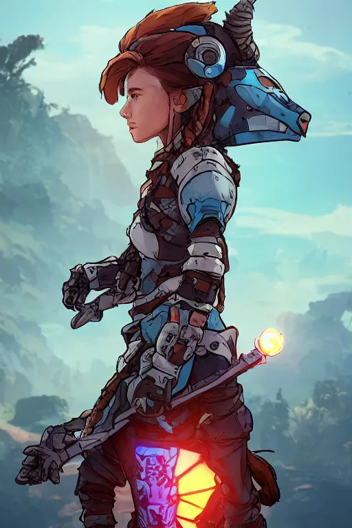 Image similar to combination suit armor aloy horizon forbidden west horizon zero dawn robot ninja mask helmet backpack tribal, art gta 5 comics, official fanart behance hd artstation by jesper ejsing, by rhads, makoto shinkai and lois van baarle, ilya kuvshinov, ossdraws radiating a glowing aura cgi rtx 2 0 2 2