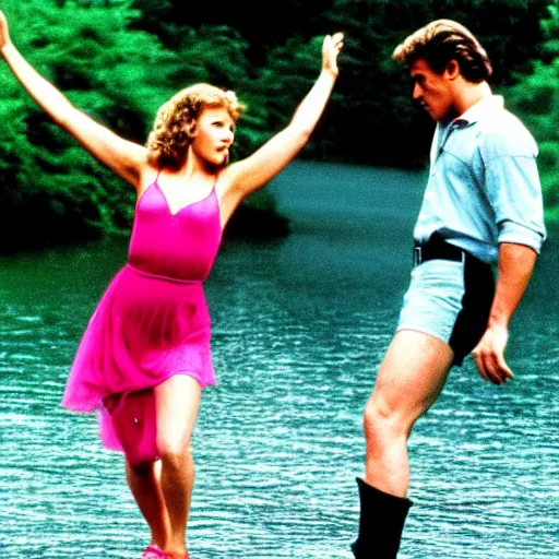 Image similar to dirty dancing poster with young arnold schwarzenegger dancing with jennifer lawrence in the rain, beautiful white wet dress, 5 0 mm cinema shot, beautiful light, best lense, 9 0 s romantic movie, 4 k