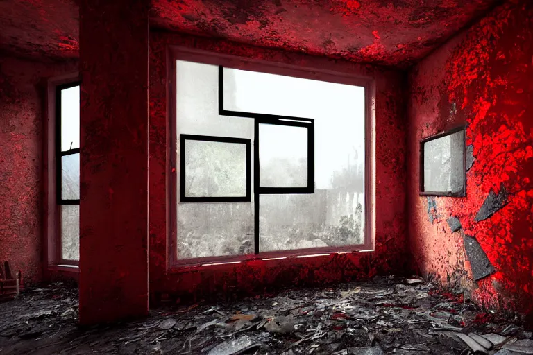 Image similar to ruined, abandoned polish bedroom, seen from inside. Strong red light falls through the broken windows. Dirt, leaves on ground. Unreal Engine. Substance painter. Zbrush. Trending on artstation. 8K. Red colorscheme. Highly detailed.
