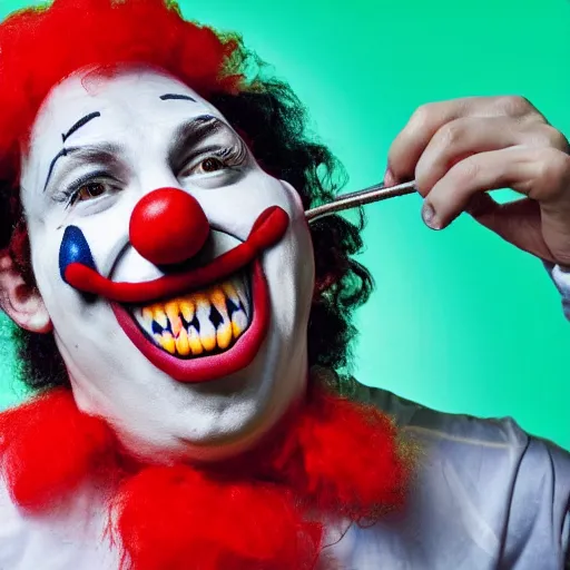 Prompt: happy clown unlocking his jaw in order to devour the world's largest cake, strange photo