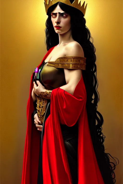 Image similar to Portrait of historically accurate, ancient biblical, sultry, sneering, evil, pagan, wicked, young queen jezebel, wearing gilded red robes, long black hair, intricate, elegant, highly detailed, digital painting, artstation, concept art, smooth, sharp focus, illustration, art by artgerm and greg rutkowski and alphonse mucha and andrei riabovitchev