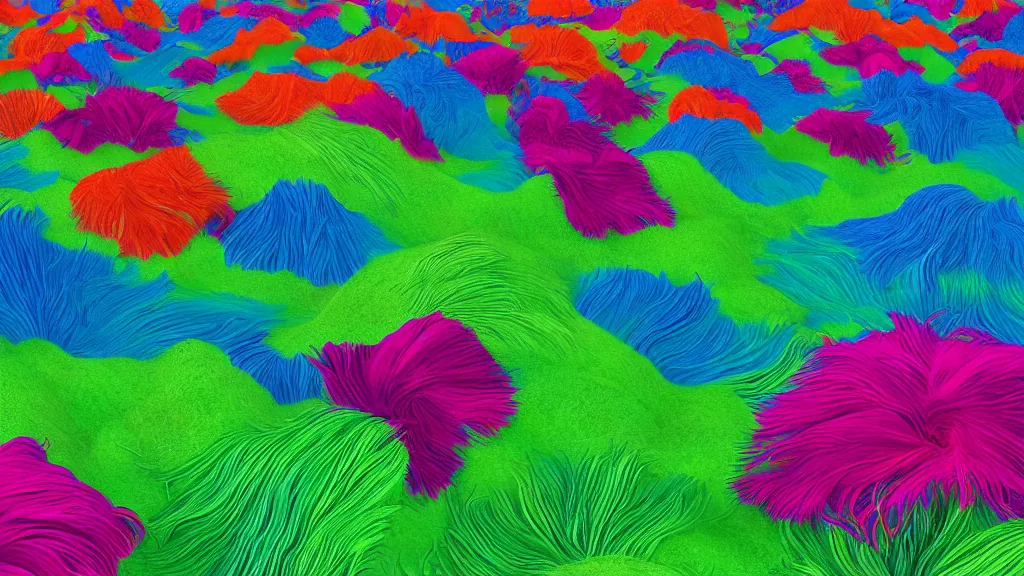 Prompt: digital illustration of a field of giant vibrant dip - dyed hibiscuses by dr. seuss, reimagined by ilm and beeple : 1 | megaflora, chromatic, rolling hills : 0. 9 | fantasy : 0. 9 | unreal engine, deviantart, artstation, hd, 8 k resolution : 0. 8