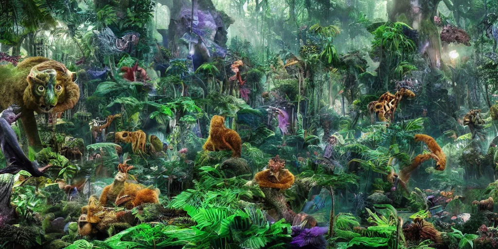 Image similar to extra wide view. a marvelous magic forest jungle inhabited with fantastic creatures. iridescent. annihilation. hyper - detailed. hyperreal. unreal render.