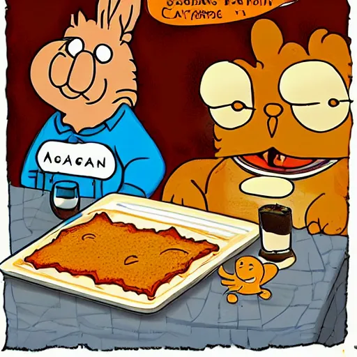 Image similar to fat orange tabby cat next to curly haired man and lasagna on table, by jim davis, garfield comic