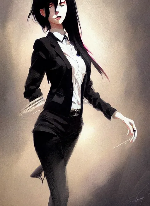 Image similar to ultradetailed beautiful panting of a stylish goth woman wearing a shirt with a tie, dramatic, she has black hair, distressed, by greg rutkowski, james jean, makoto shinkai, ilya kuvshinov, on artstation