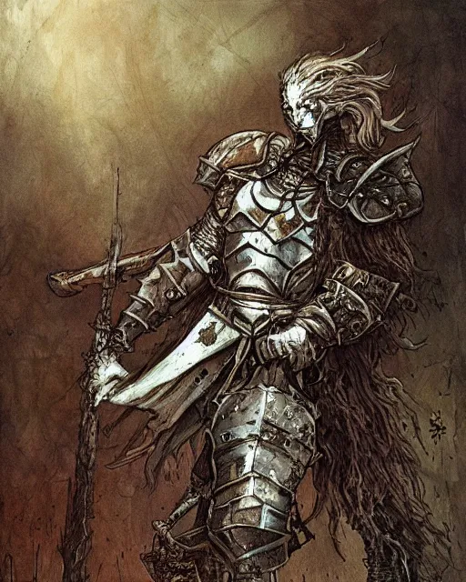 Image similar to a hyper realistic painting of a fantasy undead knight in old broken armor, pale colors, fog, dark fantasy, cinematic lighting, nighttime, by rebecca guay