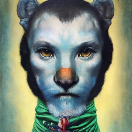 Prompt: a portrait of a male panther with human eyes wearing a scarf, titian, sam spratt, maxfield parrish, gustav klimt, tom bagshaw, mark ryden, alphonse mucha, rembrandt, high quality, painting, oil