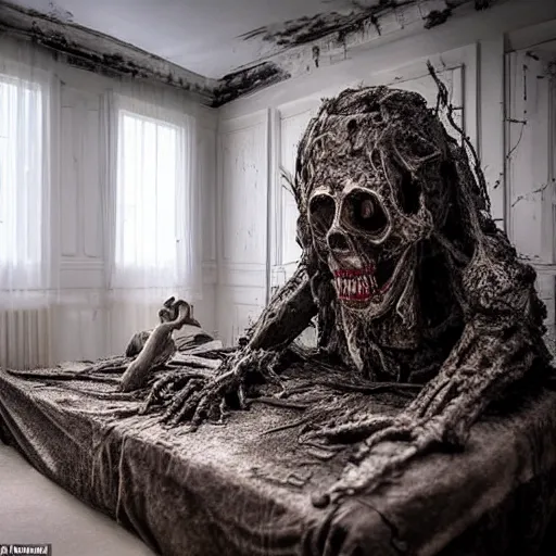 Prompt: a scary presence is lying on my bed, it occupies the whole room and it is ruthless, it is made of unknown materials, insanely detailed, sci - fi, horror, in the style of james ballard