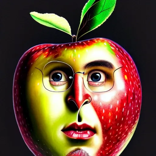 Image similar to apples arranged in the shape of a face resembling steve jobs, fantasy, intricate, elegant, highly detailed, lifelike, photorealistic, digital painting, artstation, illustration, smooth, sharp focus, art by giuseppe arcimboldo