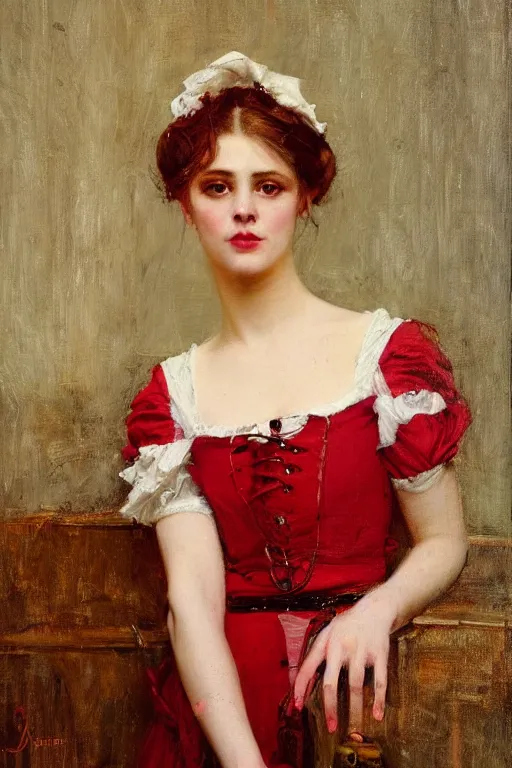 Image similar to Solomon Joseph Solomon and Richard Schmid and Jeremy Lipking victorian genre painting full length portrait painting of a young beautiful woman traditional german barmaid in fantasy costume, red background