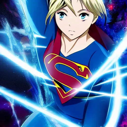 Image similar to anime visual of supergirl, laserbeam from eyes, official media