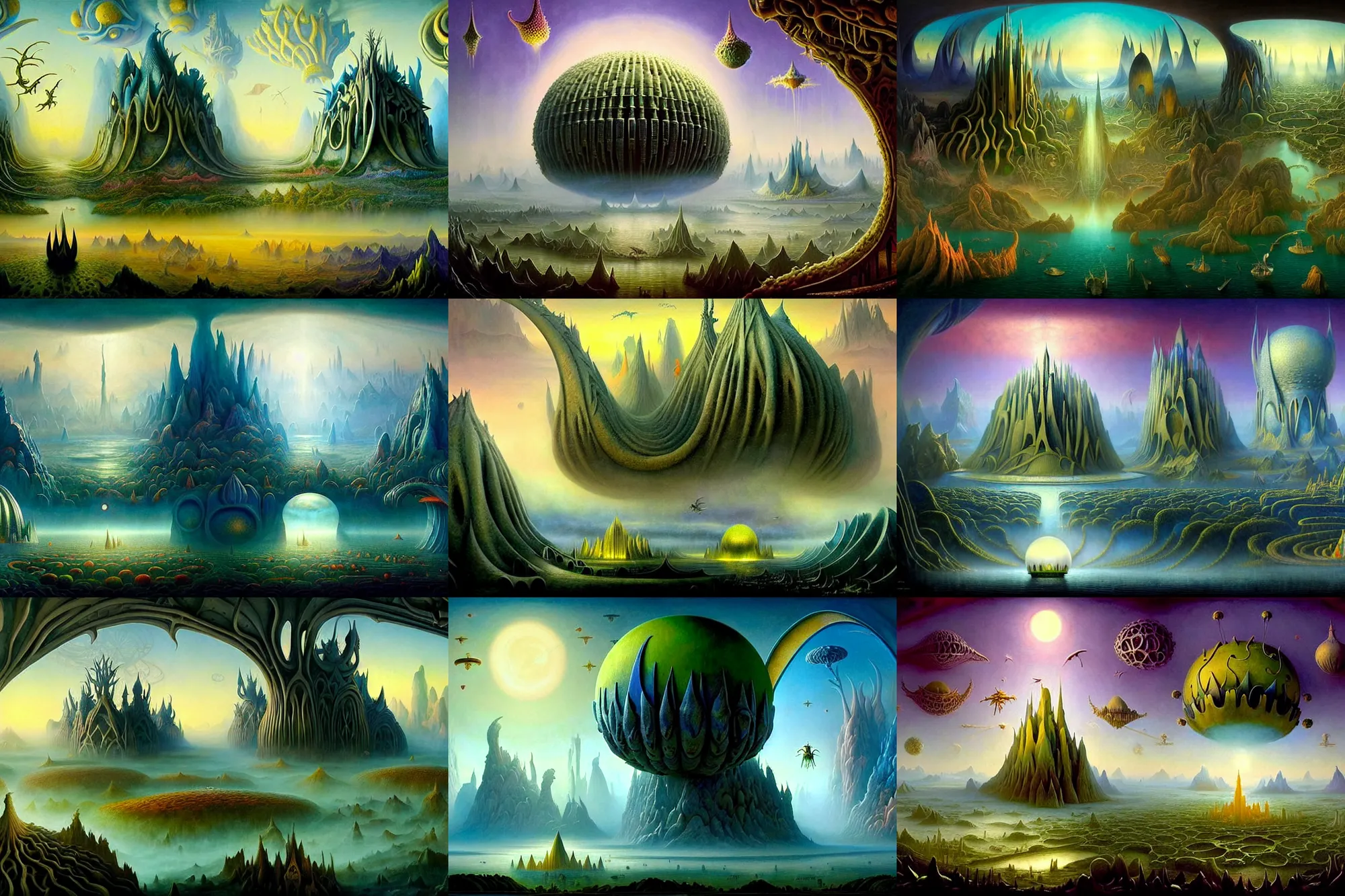 Prompt: a beautiful epic stunning amazing and insanely detailed matte painting of alien dream worlds with surreal architecture designed by Heironymous Bosch, mega structures inspired by Heironymous Bosch's Garden of Earthly Delights, vast surreal landscape and horizon by Asher Durand and Gerald Brom and Anato Finnstark, rich pastel color palette, masterpiece!!, grand!, imaginative!!!, whimsical!!, epic scale, intricate details, sense of awe, elite, fantasy realism, complex composition, 4k post processing