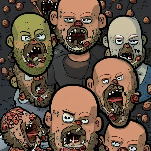 Image similar to bald man with a pointy beard being eaten by a horde of zombies