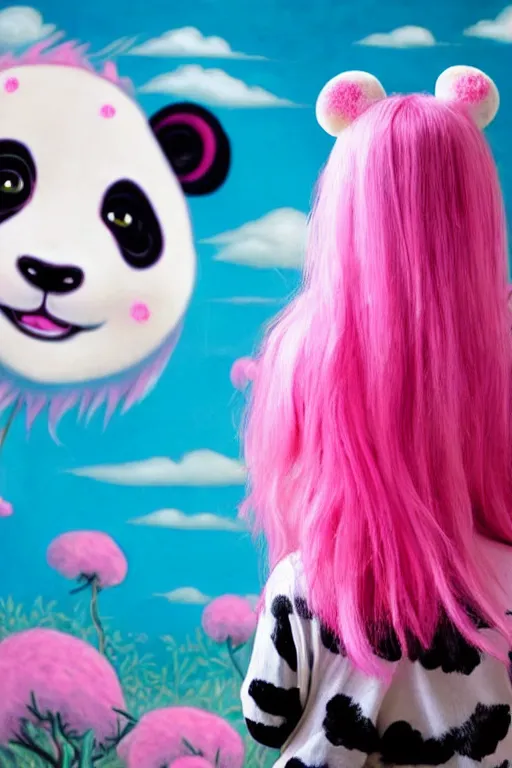 Image similar to an image of a girl with pink hair wearing a panda onesie looking across, evokes chrysalism painting by mark ryden, and lisa frank