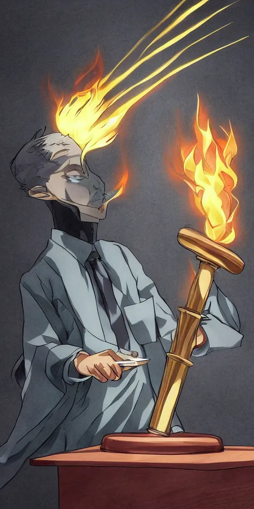 Prompt: powerful anime judge with a magic gavel on fire, in a court room with a scale on his desk, drawn by a famous anime artist, high quality, fine lines, amazing detail. colored