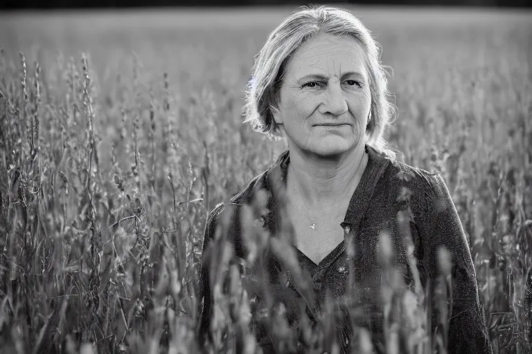 Prompt: a highly detailed cinematic headshot portrait photograph of a middle aged woman standing in a farm field, golden hour, ultra realistic, depth, beautiful lighting, by annie leibovitz, photorealistic, hyperrealistic, octane, epic composition, masterpiece